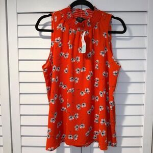 Status by Chenault Orange Floral Berkeley Mock Neck Smocked Sleeveless Blouse XL